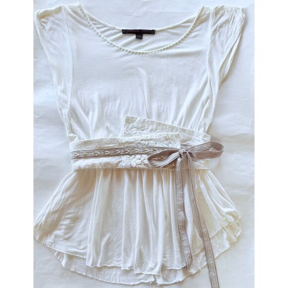 Anthropologie A Common Thread Obi Wrap Belt Scoop Neck Cap Sleeve Top in White S - Picture 3 of 11